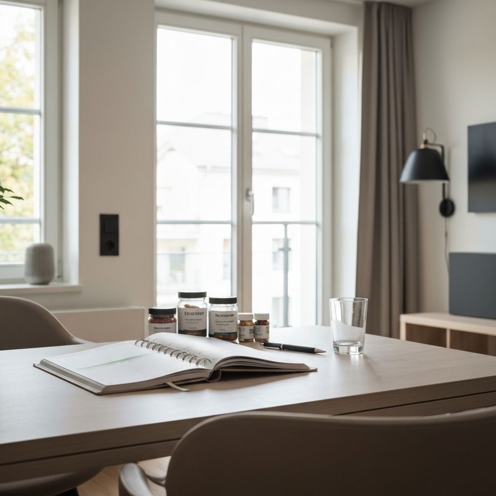 Sauberer Schreibtisch mit offener Planung, Supplementgläser, Wasser und natürliches Licht aus dem Fenster