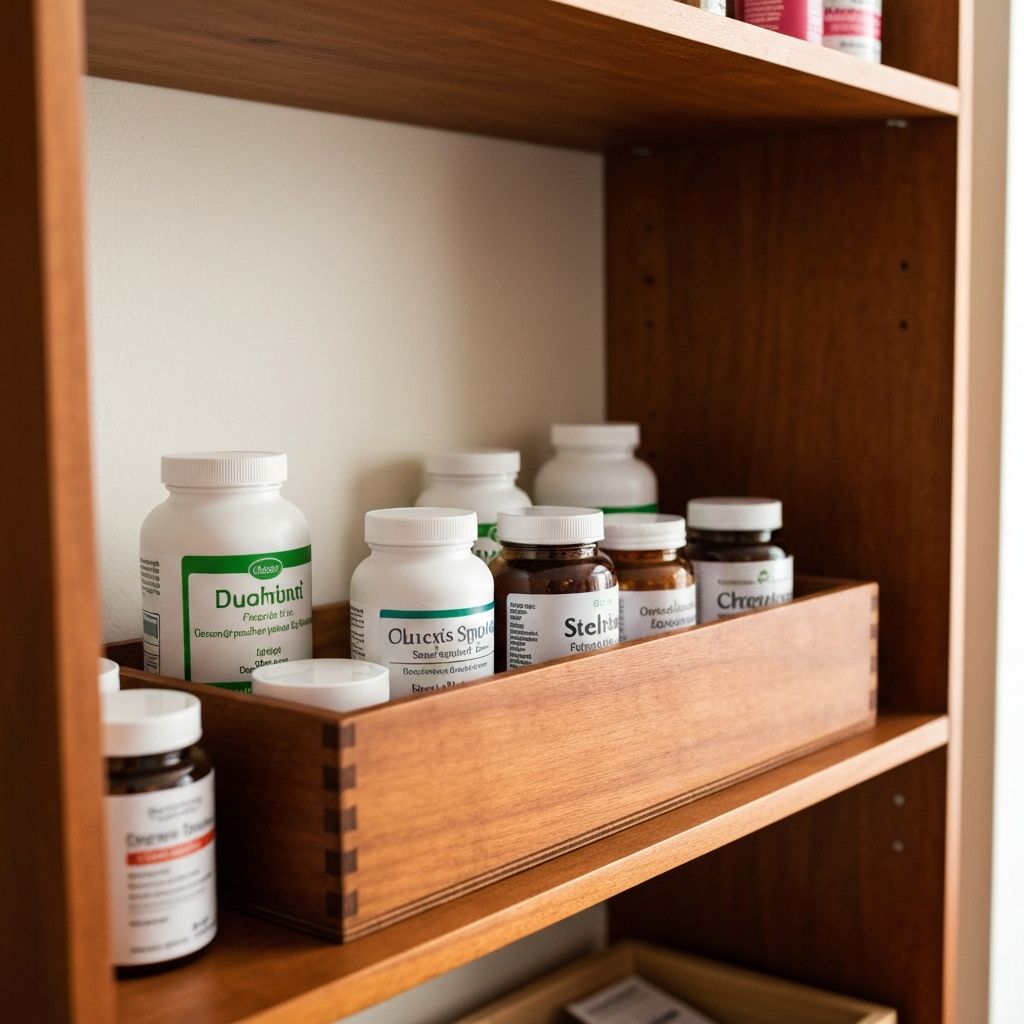 Ordentliches Holzregal mit organisierten Supplementgläsern, klare Etiketten sichtbar, Lagerkiste, zugängliches System