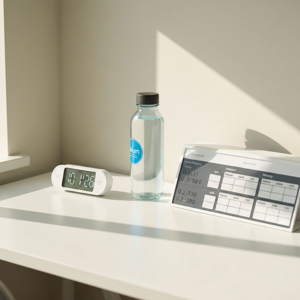 Sauberer Schreibtisch mit Uhr, Wasserflasche, Supplement-Organizer mit verschiedenen Tageszeiten, Morgenroutine-Setup