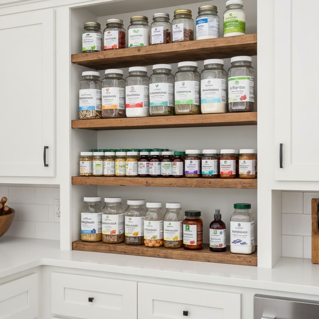 Offenes Regal mit organisierten Supplementgläsern, Behältern mit verschiedenen Wellnessprodukten, Pulvern, organisiert nach Kategorie